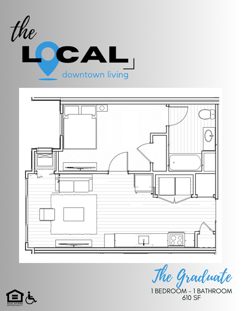 Floor plan for 1 bed, 1 bath, 610 sqft